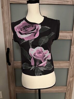 Black Crop Top with Pink Rose Graphic
